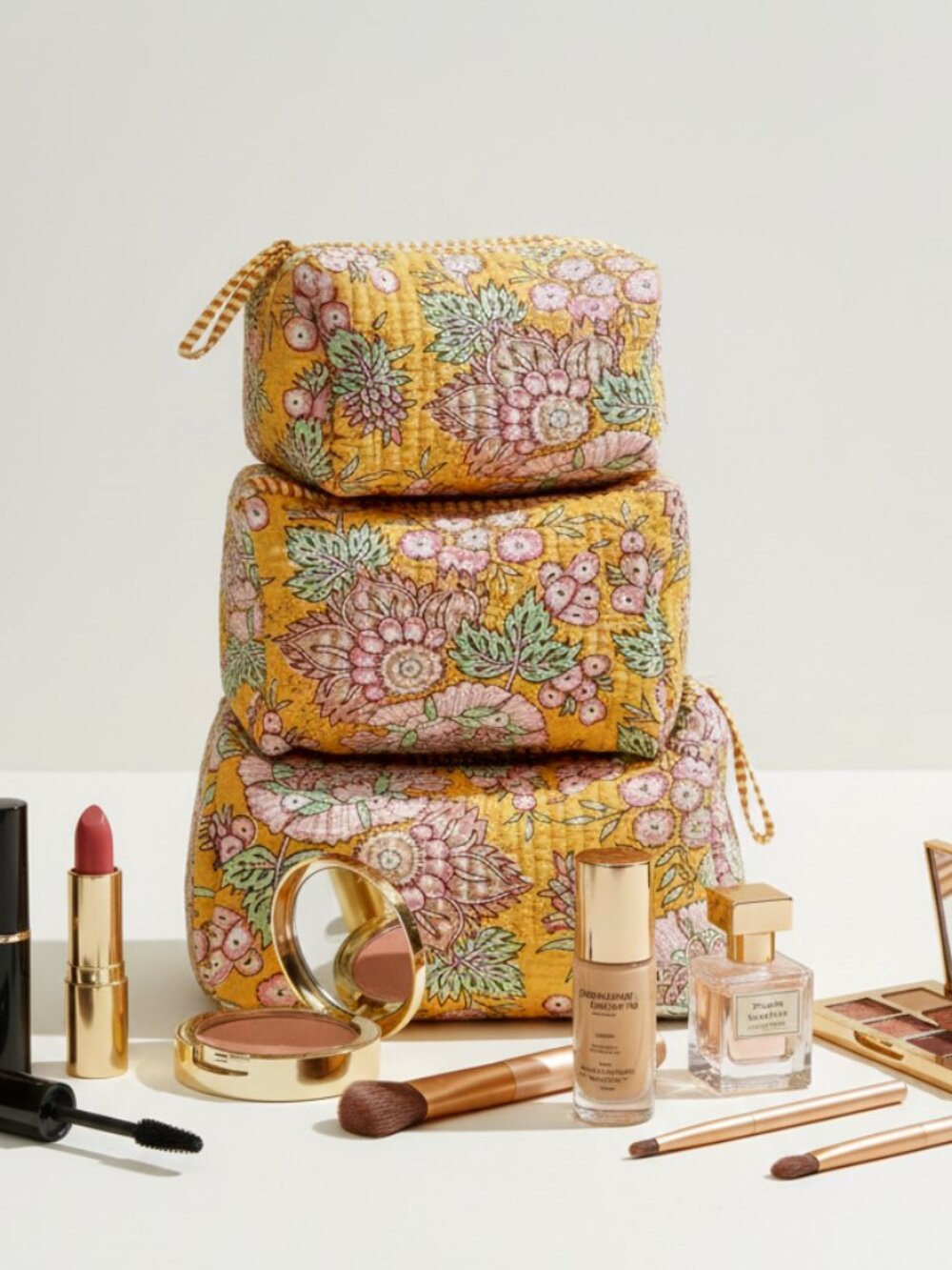 Set Of 3 Block Print Toiletry Bags, Cotton Makeup Bag, Cosmetic Bag Set Gift